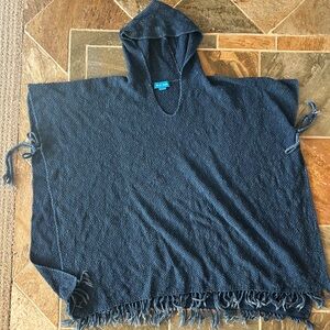 Blue Hooded Poncho with Fringe